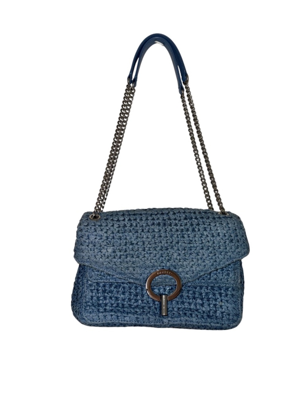 Sandro Raffia YZA Blue Woven Shoulder Bag with Chain Strap - Picture 2 of 14